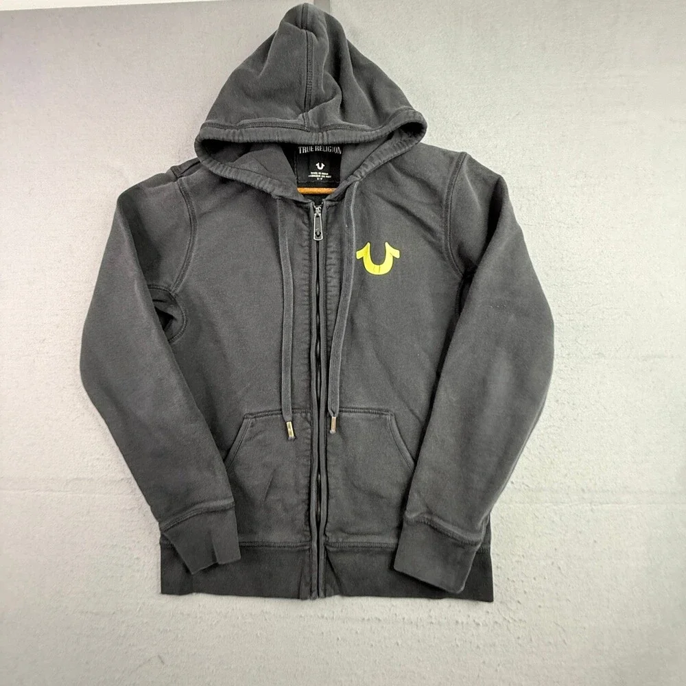 True Religion Hoodie Mens Small Black Yellow Horseshoe Zip Up Sweatshirt Fleece